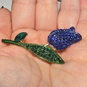 Flower Brooch Blue Rhinestone Rose Stem Pin
